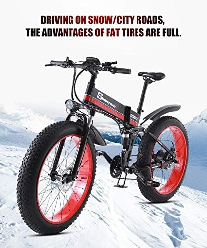 DEPTH 1000W Electric Bike 48V Mens Mountain E-Bike 21 Speeds 26 Inch Fat Tire Road Bicycle Snow Bike Pedals with Hydraulic Disc Brakes And Full Suspension Fork