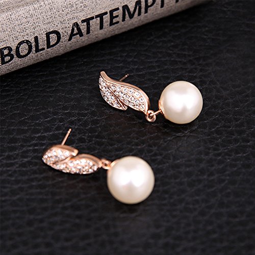 KAVANI Women's Rose Gold Silver Plated Heart-Shaped Leaf Pearl Zircon Jewelry Set Pendant Necklace Earring Set
