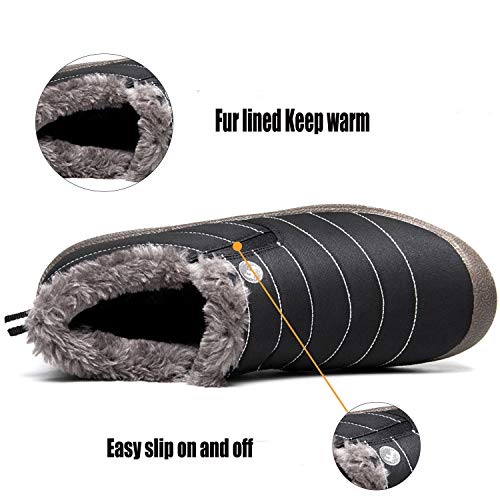 JACKSHIBO Snow Winter Boots for Women Men Waterproof Fur Lined Boots Outdoor Slip on Boots Black-Low Top 9 Women/8.5 Men