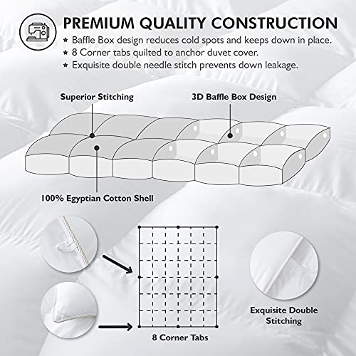Luxurious Oversize California King 108" x 98" Size Goose Down Fiber Waterfowl Feather Fiber Comforter Duvet, 100% Egyptian Cotton Cover, 68 oz. Fill Weight, Baffle Box Design, White Solid