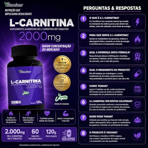 Vitaminar L-Carnitina 2000mg Vegano 120g 60 Tabletes Suplemento Nutricional