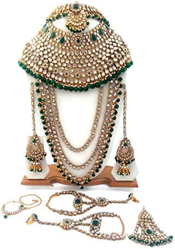 Green Kundan Pearl Beads Cz Gold Tone Bollywood Bridal Indian Wedding Dulhan Set 9 Pcs