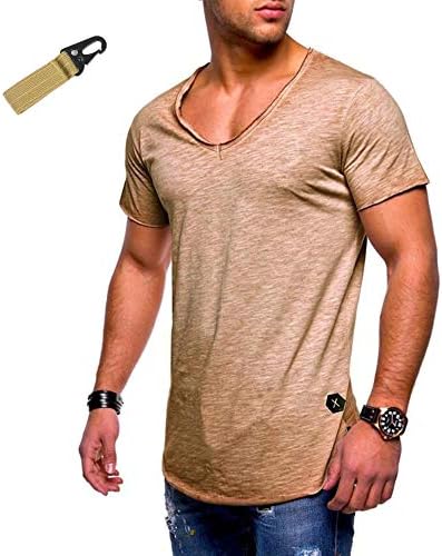 Easynet Deep V Neck Tshirt for Men, Mens V Neck Shirt, Low Cut V Neck Shirt, Plus Free Military Belt Keychain