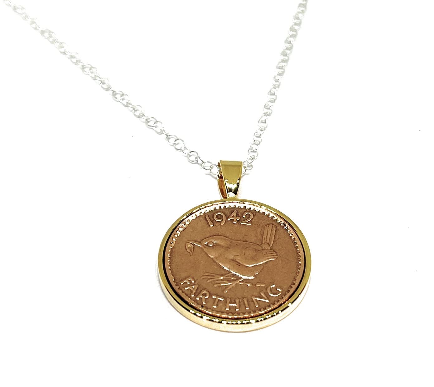 OCC Old Coin Cufflinks Solid Pendant 1942 Farthing 84th Birthday plus a Sterling Silver 18in Chain Gold Plated Mount