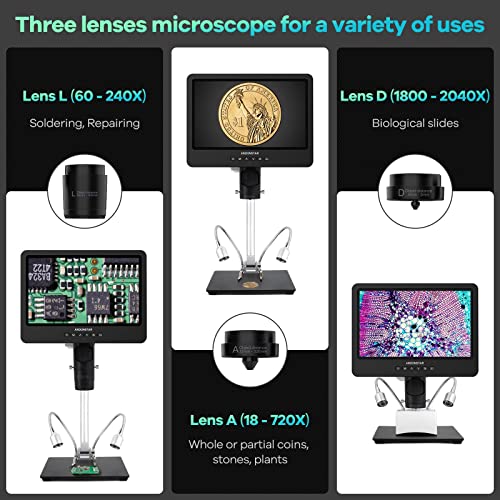 Andonstar AD249S HDMI Digital Microscope 10.1 Inch 2000x for Adults, UHD 2160p Video Recording 3 Lenses, Soldering Microscope
