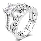 Womens Wedding Engagement Bands Ring Sets 18K White Gold Plated Princess Cut Eternity Solitaire CZ Crystal Best Anniversary Promise Rings Size 9