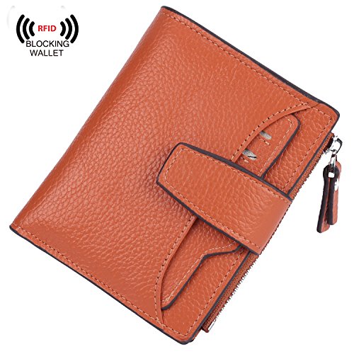 AINIMOER Women's RFID Blocking Leather Small Compact Bi-fold Zipper Pocket Wallet Card Case Purse(Lichee Sorrel)