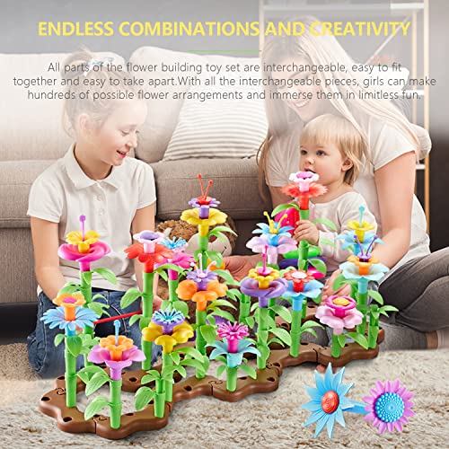 FENGYUAN Flower Building Toy Set for Girls, Arts and Crafts Kit for Toddlers, STEM Activities and Gardening Pretend Playset, 148 pcs