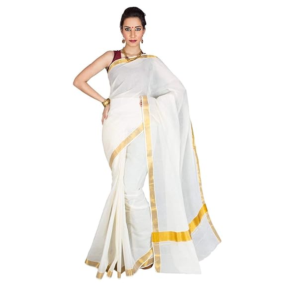 Creaweaves Kerala Pure Cotton Kasavu Simply Jari Design pallu and jari border Saree with Blouse