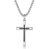 FANCIME Black Cross Necklaces Sterling Silver Cross Pendant Polished Long Necklace Fine Jewelry Christmas Gift for Men,Stainless Steel Box Chain Length 24''