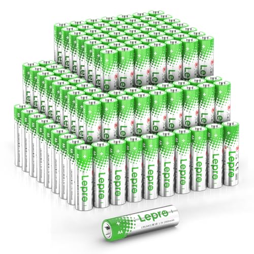 Lepro AA Alkaline Batteries - Pack of 100-1.5V LR6 AA Batteries - 2800mAh - AA Batteries for Daily, Ultra Alkaline Batteries Leak-Proof, Anti-Corrosion Ideal for Alarm Clock, Remote Control, Toy