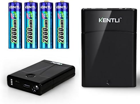 KENTLI 4 slots AA li-ion battery charger USB power source power bank Case box with LED flashlight and 4 AA 2800mwh rechargerable batteries for iPhone 6 plus Samsung Blackberry MP3 (Black)