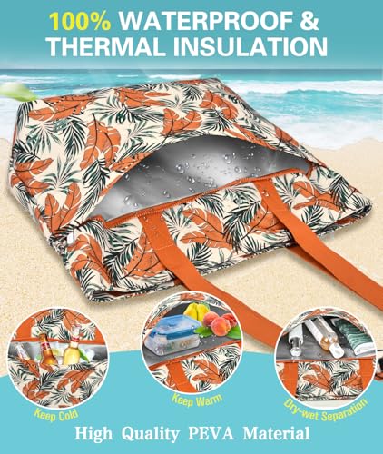 ENONEO Beach Bag for Women Large Beach Bag Family 45L Waterproof Bags Swimming Pool XXL Shopper Tote Bag with Zipper Foldable Beach Bags for Shopping Travel Picnic