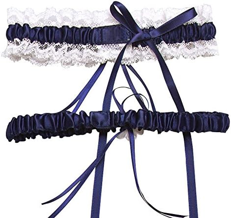 Women's Bowknot Bridal Accessories Satin Lace Set of 2 Piece Vintage Wedding Garters Dark Blue