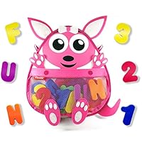 Kangaroo Bath Toy Organizer with Toys - Premium Mesh Bath Toy Storage Net + 36 Foam Bath Letters and Numbers + 2 Reusable Adhesives + Bonus E-Book - Cute, Fun, Educational - Available in Blue & Pink