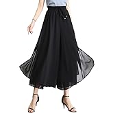 chouyatou Women's Chiffon Wide Leg Pants High Waist Pleated Culotte Palazzo Pants Side Slit
