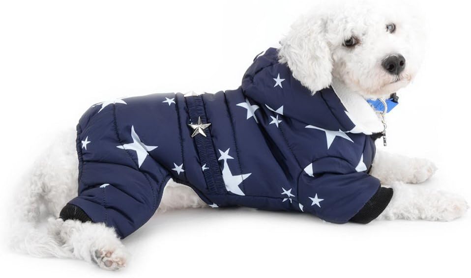 SELMAI Snowsuit for Small Dogs Fleece Lined Star Belt Hooded Jumpsuit Four-legs Pants Winter Coats Puppy Doggie Chihuahua Apparel Clothes Outfits Blue XXL