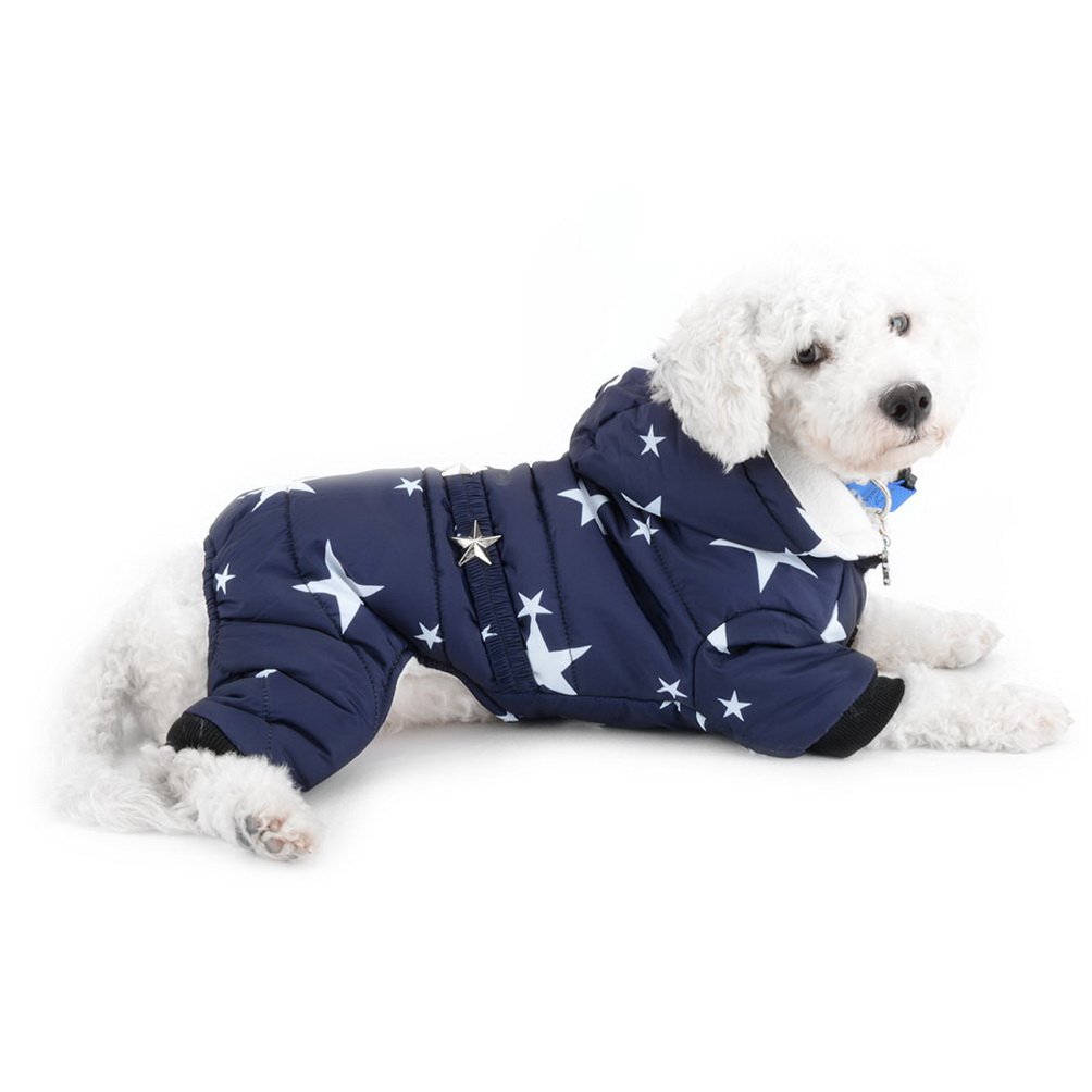 SELMAI Snowsuit for Small Dogs Fleece Lined Star Belt Hooded Jumpsuit Four-legs Pants Winter Coats Puppy Doggie Chihuahua Apparel Clothes Outfits Blue XXL