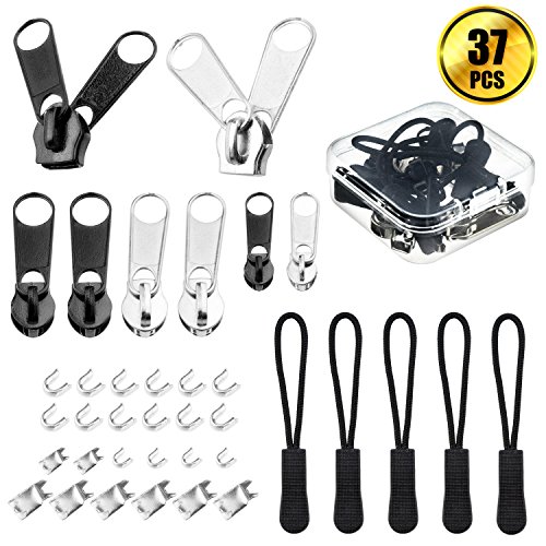 37 Pieces Universal Mixed Size Nylon Zipper Repair Kit Nylon Zipper Replacement Pack with Plastic Storage Box by WXJ13, Silver and Black