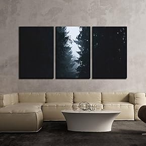 3 Piece Canvas Wall Art - Pine Trees in Misty Weather - Modern Home Art Stretched and Framed Ready to Hang - 16"x24"x3 Panels