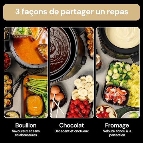 Fondussimo Evolution 3-in-1 Electric Fondue Set with Stainless Steel Fondue Pot 3 L + Ceramic Bowl Bain-Marie – 6 Baskets & 6 Tongs – Adjustable Temperature – 4 to 6 People