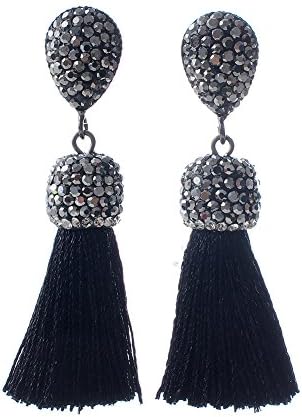 Women's Dangle Drop Short Tassel Earrings with Shell Pearl Black Rhinestone Top