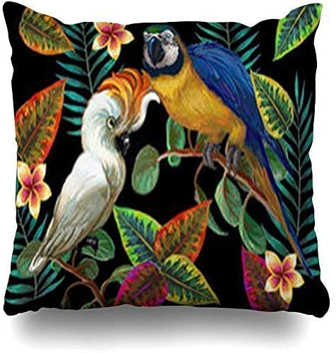 GFGKKGJFF0902 Gold Blue Tropic Painting Tropical Birds Plants On Fauna Dark File Wildlife Exotic Jungle Parrot Cushion Covers 18 x 18,Christmas Pillow Case Covers,for Sofa,Gifts for Girls