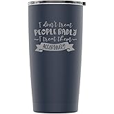 Stainless Steel Powder Coated 20 oz Tumbler Splash Proof Lid 2 Straws, Triple Wall Vacuum Insulated, Mug Coffee Cup Travel, Camping, Work, Gym Hot Cold Drinks (Navy Blue, Treat People)