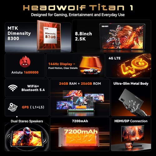 Headwolf Android Tablet Titan 1 Gaming Tablet 8 Inch Dimensity 8300 2.5K 144Hz, 24GB+256GB+2TB, 7200mAh HDMI/DP,16MP+8MP,Widevine L1,4GLTE,Wi‑Fi6E,BT5.4,GPS,Face Detection