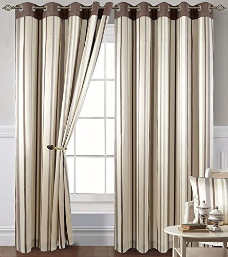 Coffee Brown Striped Eyelet Curtains 90 X 72 Montana Neutral