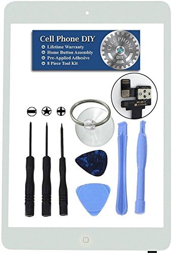 Cell Phone DIY White iPad Mini / Mini 2 Digitizer Replacement Screen Front Touch Glass Assembly Replacement - Includes Home Button + Camera Holder + Pre-Installed Adhesive with Tools – Repair Kit