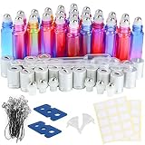 Essential Oil Roller Bottles, ESARORA 24 Pack 10ml Gradient Color Roller Bottles with Stainless Steel Roller Balls and Silver hanging Lids (3 Dropper,2 Funnel,6 Extra Roller Balls,30 labels,2 Opener)