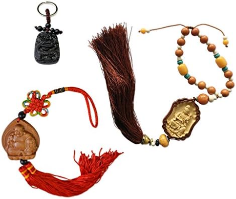 A Trio of Kuan Yin Buddha Wooden Hanging Ornaments and a Dragon Keychain