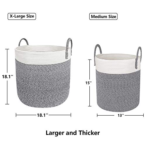 X-Large Cotton Rope Basket â€“ 18"x18" Decorative Woven Basket for Laundry, Baby, Blanket, Home Storage Container (Grey)