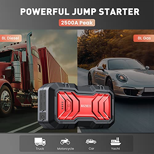 AIZICO Portable Car Jump Starter, 2500A Peak 22800mAh Battery Booster for Cars, Trucks and SUV(Up to 8L Gas/Diesel Engine), 12V Auto Battery Jump Pack with Type-C, USB Quick Charge 3.0 and LED Light