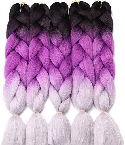5 Pieces Ombre Synthetic Braiding Hair Jumbo Braids Hair Braiding Kanekalon Mambo Twist Synthetic Hair Extension (24, BLACK/PURPLE/GREY)