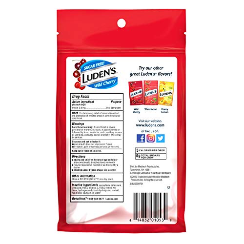 Luden's Cough Drops, Sugar Free Wild Cherry, 25 Drops, Pack of 12