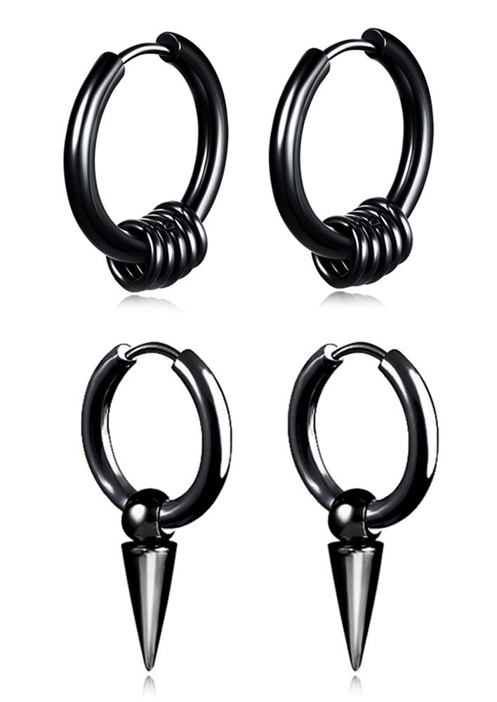 Mens Small Hoop Earrings Black With Cone Charms 316L Stainless Steel Punk Rock Hip Hop Gothic Style Kpop Hoops Earrings For Men Women — image 1