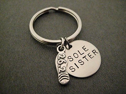 SOLE SISTER with 26.2 Marathon Shoe Print Charm Key Chain / Bag Tag - Sterling Silver Shoe Print Charm and Hand Stamped Round Nickel Silver Pendant - Round Key Ring or Ball Chain Bag Tag
