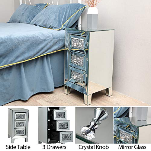 JAXPETY 3Drawer Mirrored Nightstand, Bedside Table with Crystal