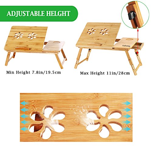 Cozihoma Laptop Desk Bamboo for Bed and Sofa, Portable Adjustable Laptop Desk Table Stand Up/Siting Foldable Breakfast Serving Bed Tray with Drawer, Ergonomics Design