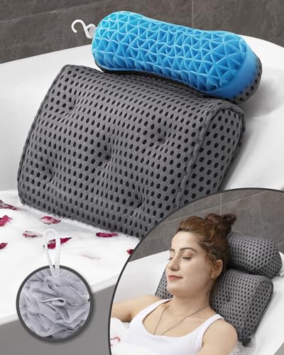 VOXOR Bath Pillow for Tub, Gel Bathtub Pillow for Long Soaking Tub with Bath Sponges Loofahs, Luxury Spa Cushion for Head, Neck and Back Support Dark Gray