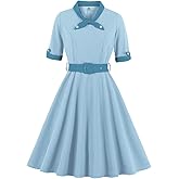 Women 1/2 Sleeve Sailor Tie Neck 1940s Vintage Dress 50s Audrey Hepburn Rockabilly Cocktail Swing Dress with Belt 1950s Tea Party Dress for Woman Wedding Prom A-Line Evening Dress Baby Blue 2XL