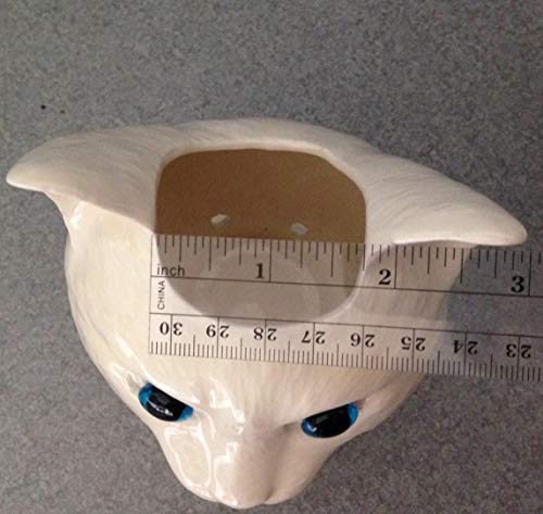 Handmade White Ceramic pot Succulent herb pot, Glass Blue Eyes, New Cat Doll head ceramic planter on saucer with drain holes Toothbrush or, desktop pencil holder