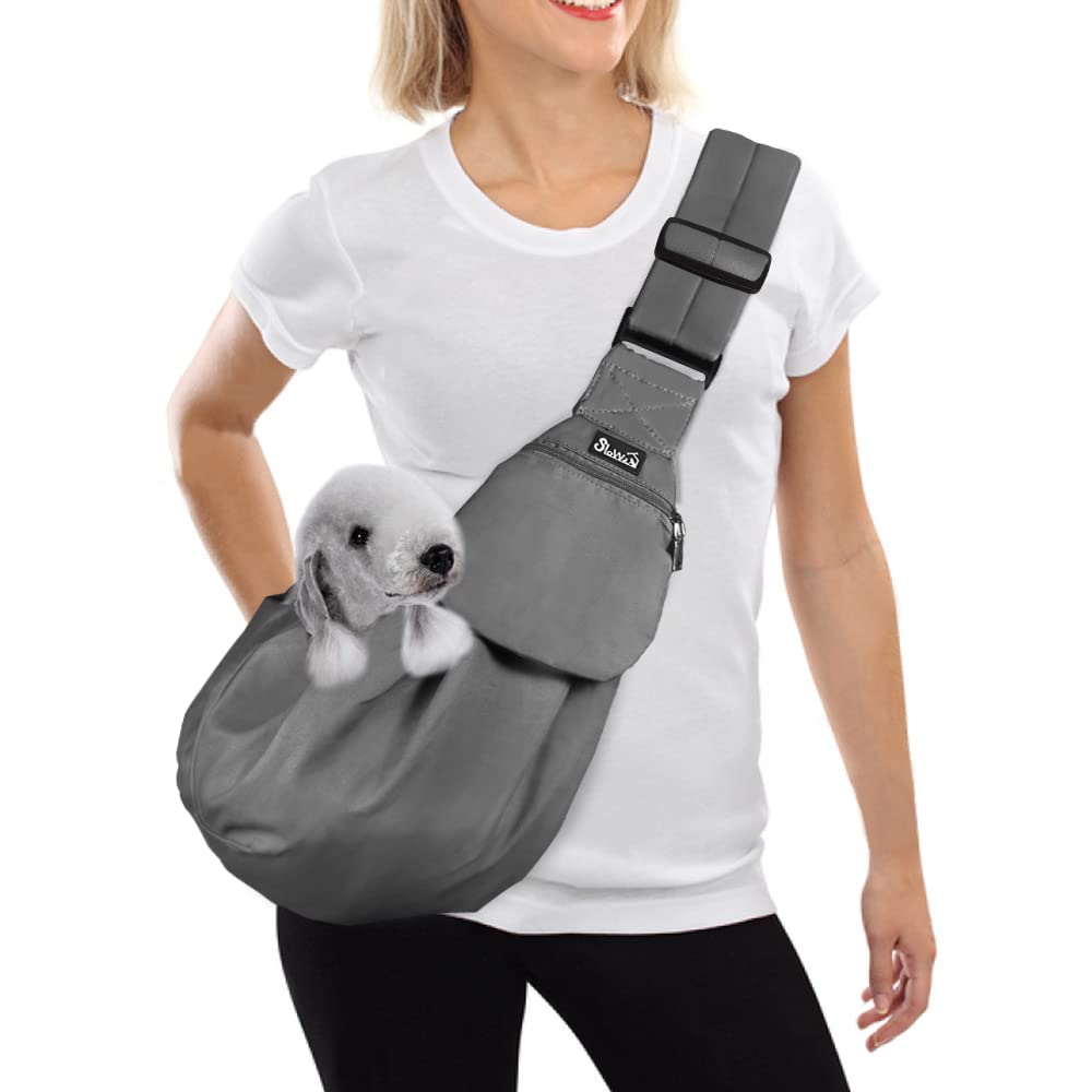 SlowTon Pet Carrier, Doggie Cat Hand Free Sling Carry Dog Papoose Carrie Adjustable Padded Shoulder Strap Tote Bag with Front Pocket Safety Belt Travel (For Pets 5-12lbs,Grey)