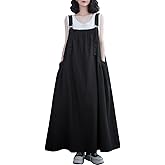 EXPOING Denim Jumper Dress for Women Loose Version Baggy Style Maxi Length Adjustable Straps Wide Hemline