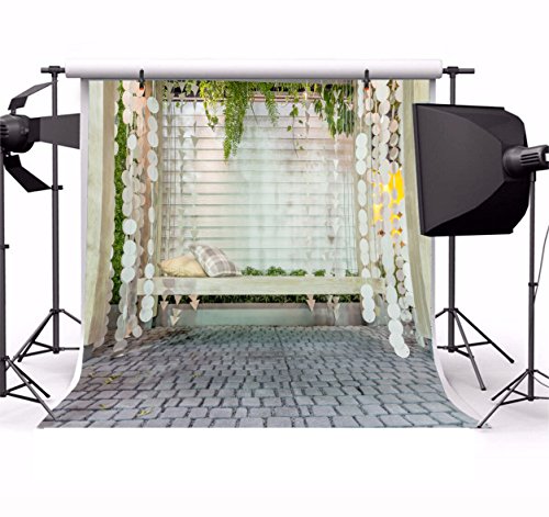 LFEEY 10x10ft Beautiful Wooden Front Porch Swing Backdrop Home Backyard Private Garden Wooden Bench Photography Background Portraits Girls Kids Children Photo Booth Props