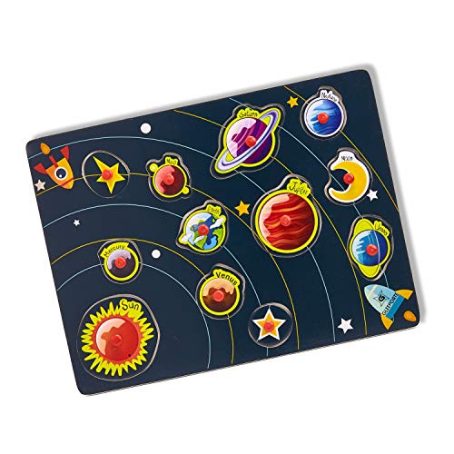 Wooden Peg Puzzle, Planets Theme - Learning Educational Pegged Puzzle for Toddler & Kids (12 pcs) Gleeporte