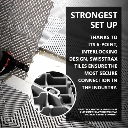 Swisstrax Ribtrax PRO Interlocking Garage Floor Tiles, 15.75 x 15.75-Inch, Jet Black, 24 Piece Set | Interlocking 15.75" x 15.75" tiles | Snap-together, no adhesives | Commercial-grade polypropylene