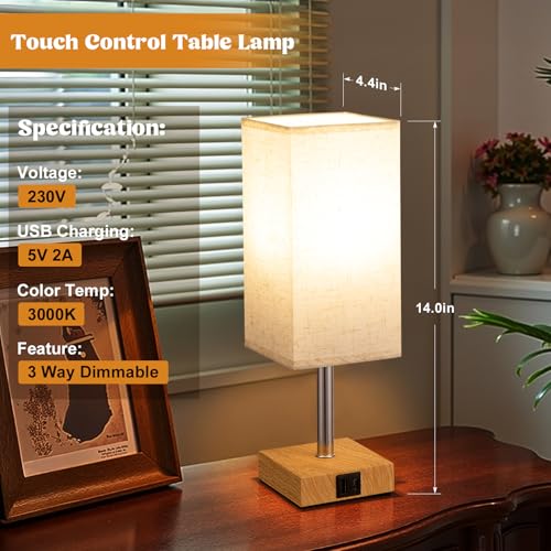 Aooshine Bedside Lamps, Table Lamp for Living Room Bedroom, Touch Lamps Bedside with USB A+C Charging Ports, Dimmable Bedroom Lamp with Fabric Shade for Kids Room, Study, Dorm, Office(Bulb Included)